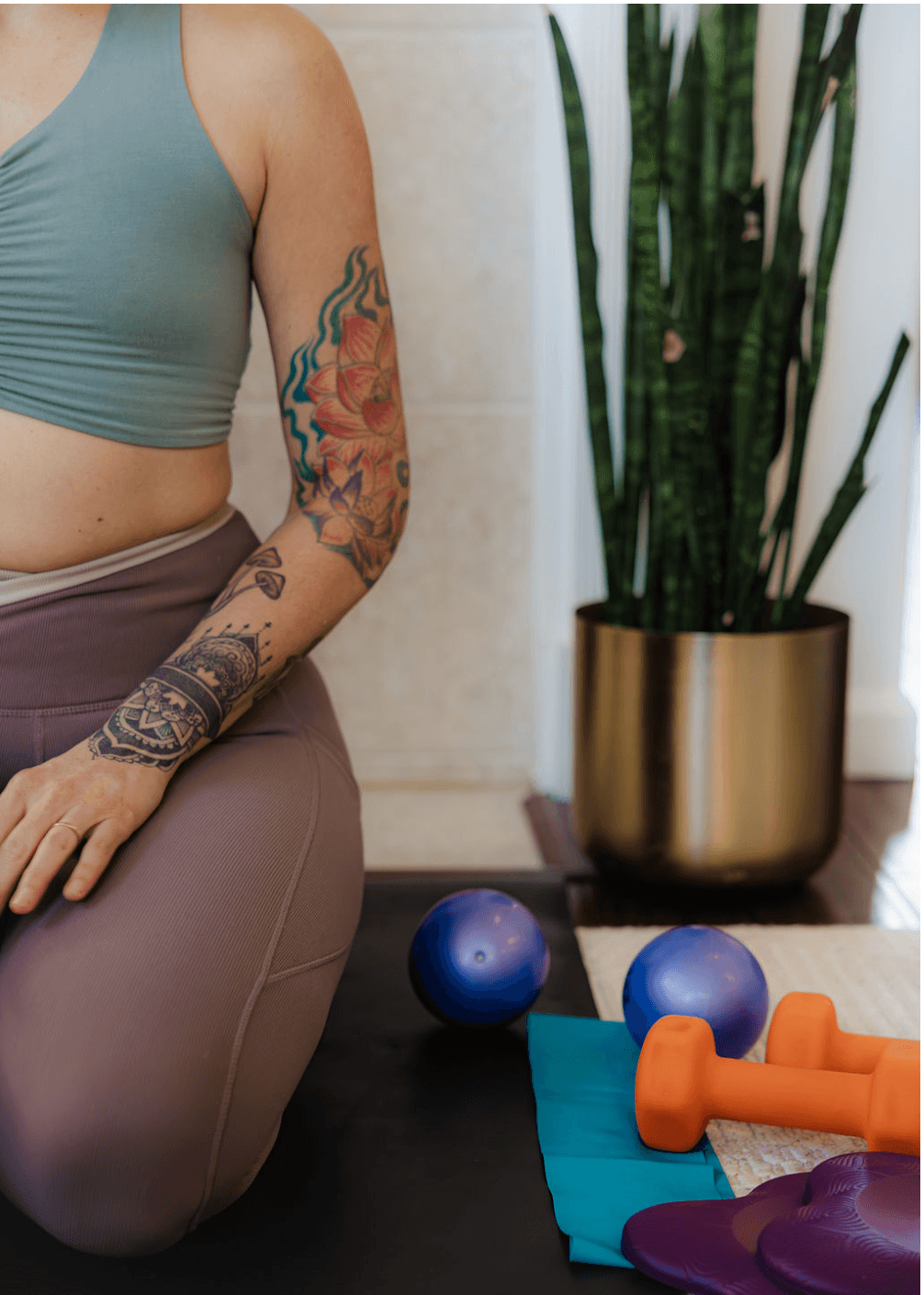 Arm chair, blanket and plant